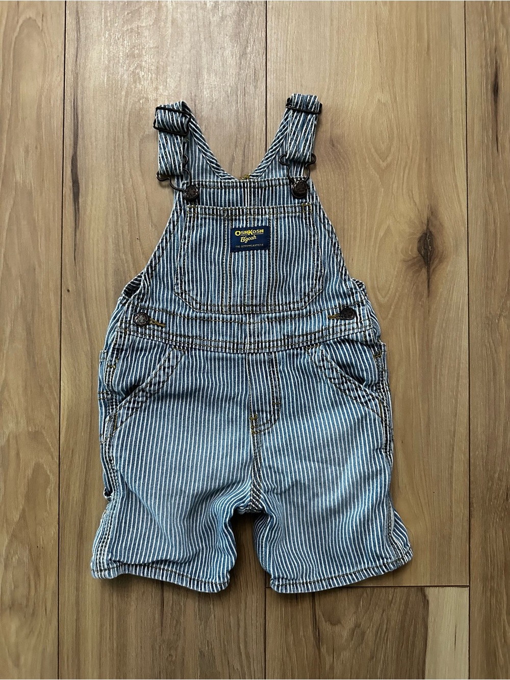 OshKosh B'gosh Blue and White Stripe Short Overalls Railroad